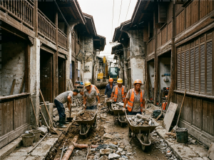 The construction crew is in a narrow alley